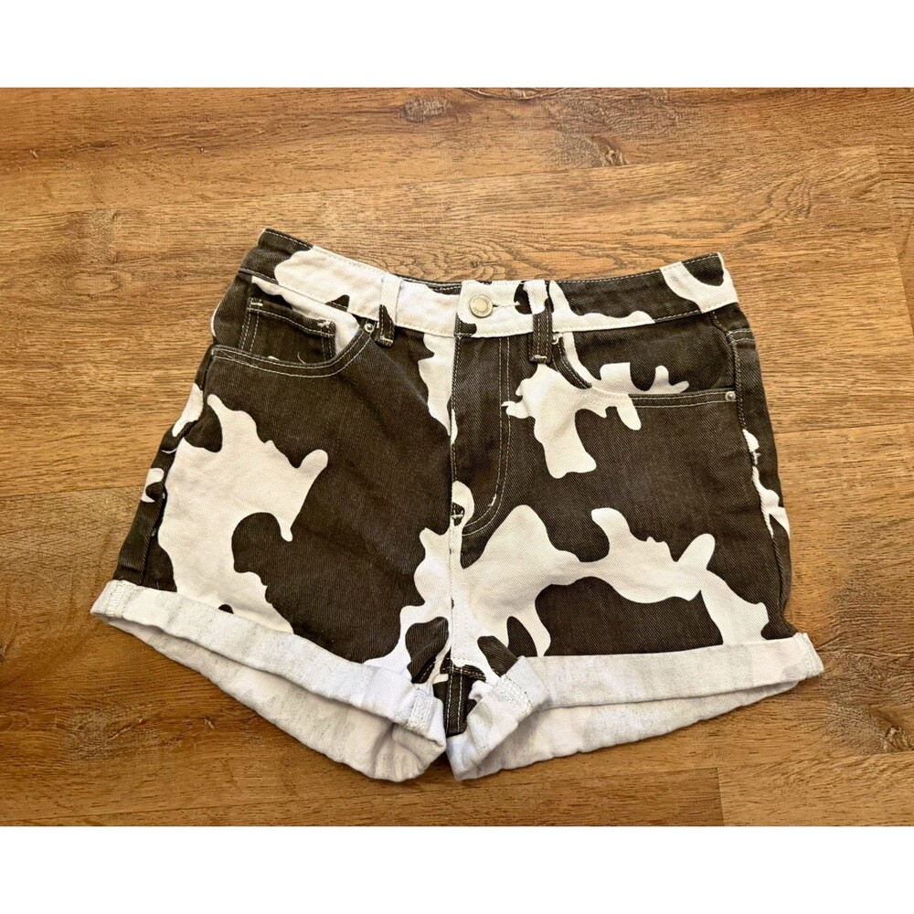 Women's Angel Kiss Cow Print Denim Shorts 5/27 Brown and White High Rise Shorts